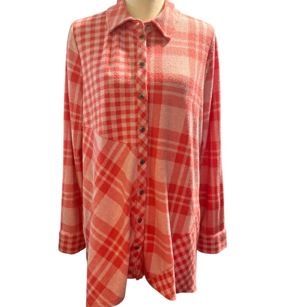 Soft Surroundings Coral Plaid Mixed Media Shacket, Patchwork, Women's Size XL